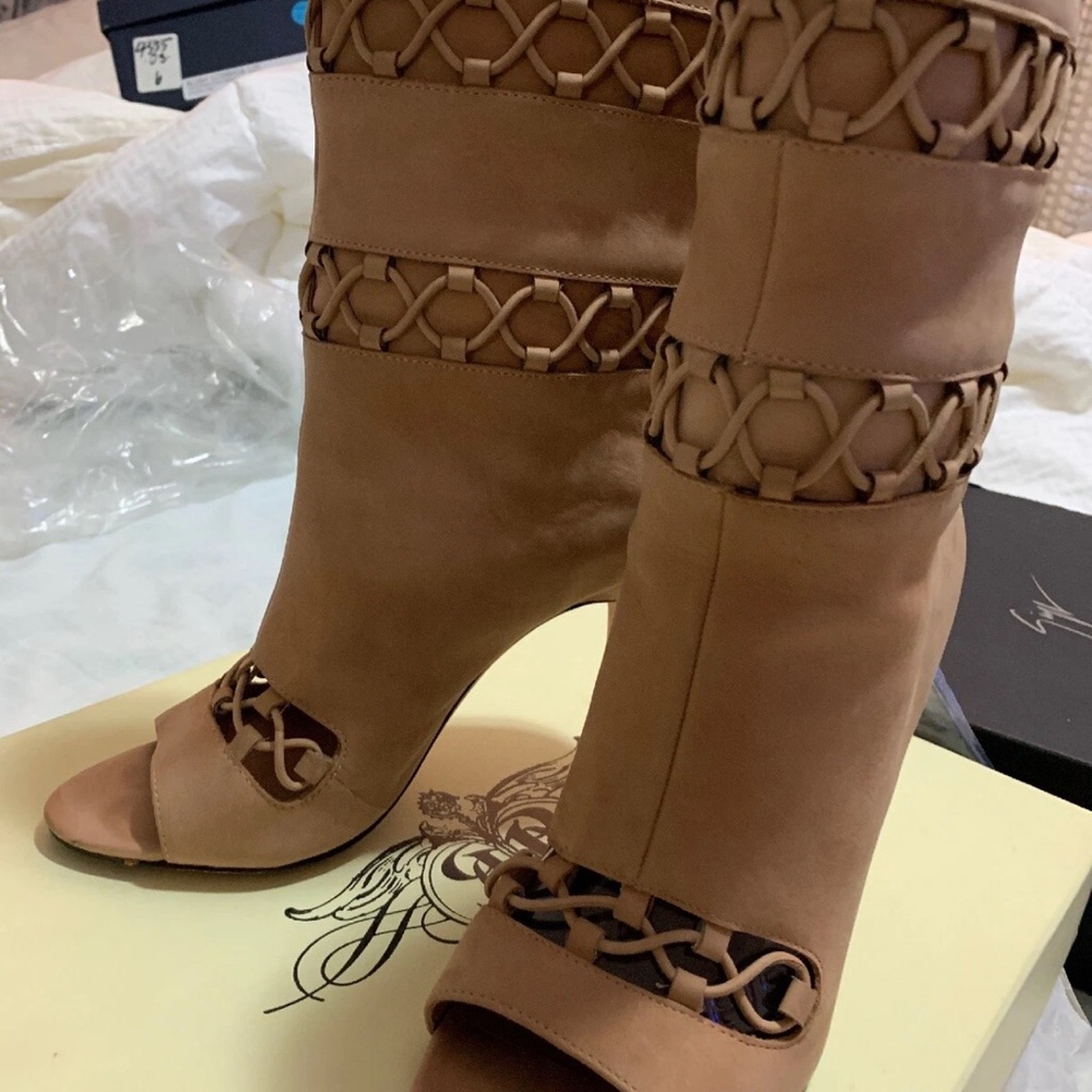 Woven Leather Open-Toe Tan Women's Booties